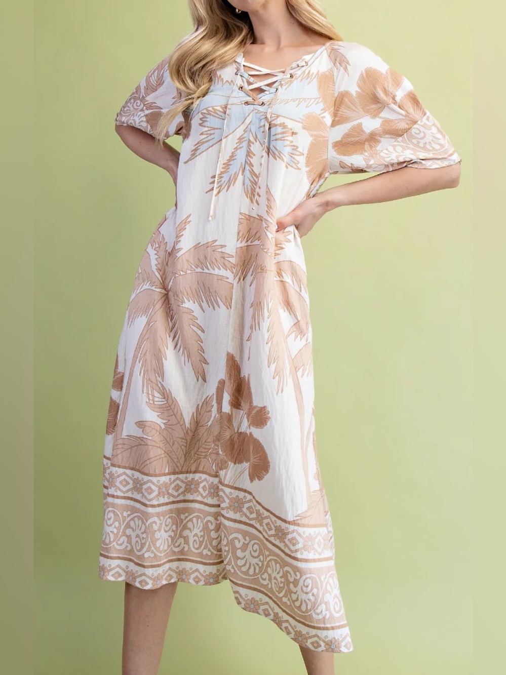 Lace-Up Tropical Palm Print Neutral Summer Midi Dress size Small